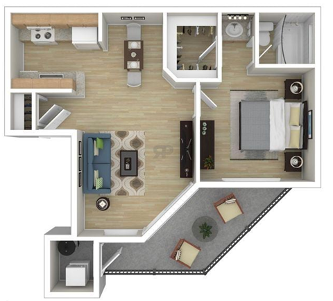 Floor plan for 1 bed, 1 bath, 570 sqft